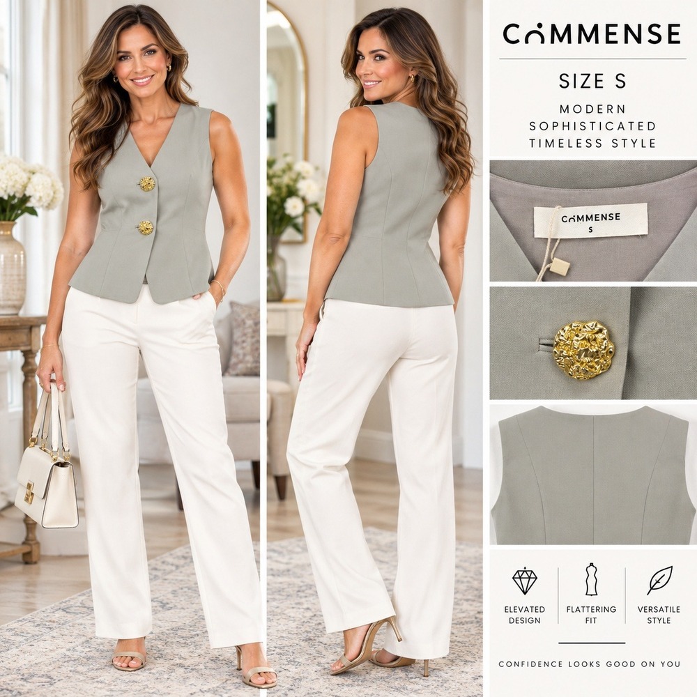 NWT COMMENSE Women S Light Sage Gray Tailored Vest Gold Buttons Sleeveless #1887